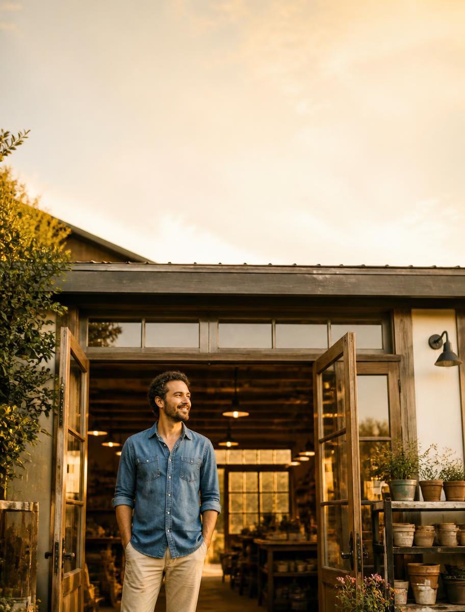 A small-business owner standing in the open doorway of their own workshop in warm evening light.